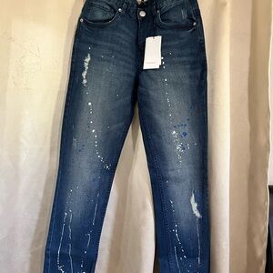 Calvin Klein Blue Straight Leg Jeans with Distressed Details